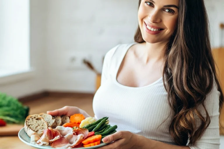 Pregnant woman holding a plate of cooked prosciutto