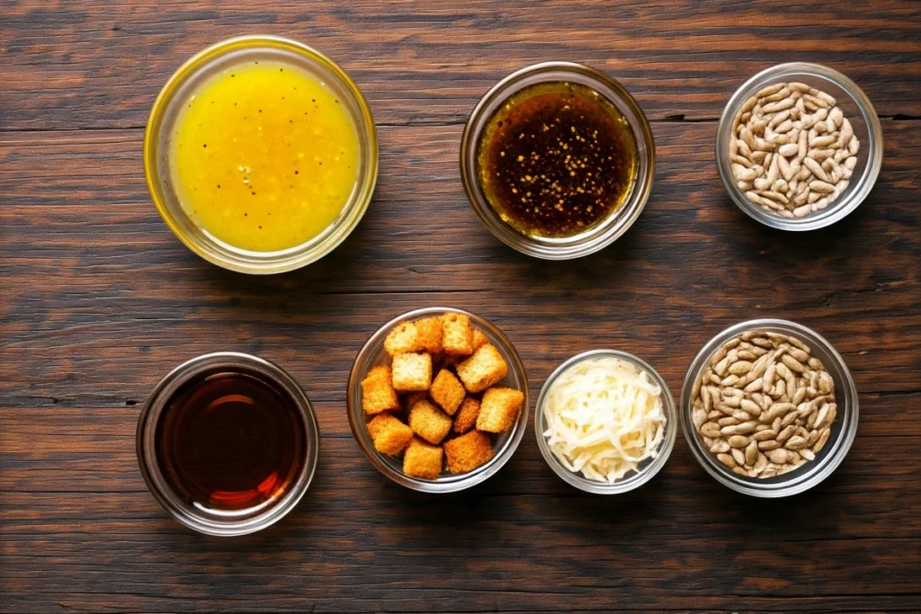 Salad dressings and toppings displayed on a wooden surface.