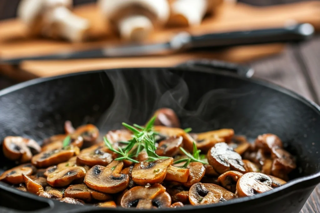 Sliced mushrooms sautéing in butter in a pan.