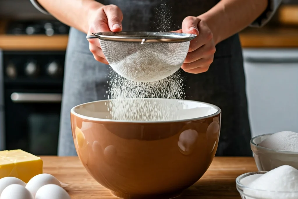 Baker sifting flour into a mixing bowl for a cake.