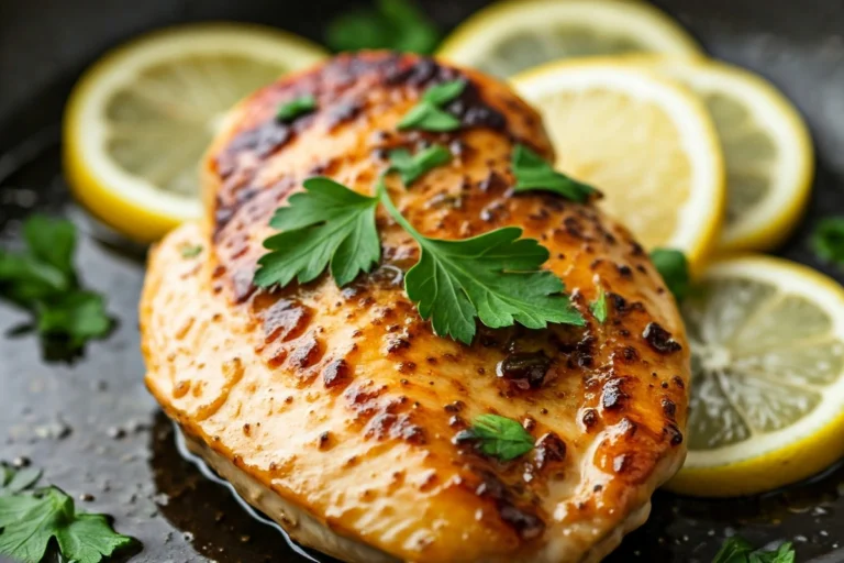 Lemon Garlic Chicken Breast in a Hot Skillet