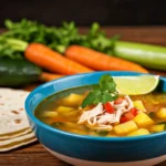 A bowl of chicken caldo garnished with lime and cilantro on a rustic table