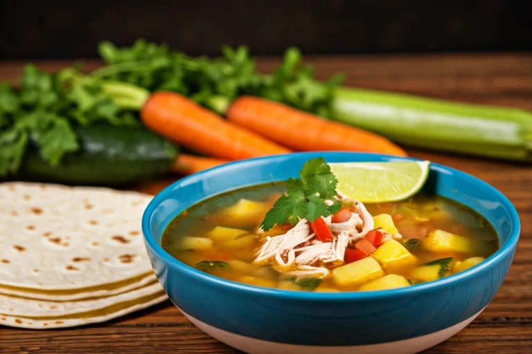 A bowl of chicken caldo garnished with lime and cilantro on a rustic table