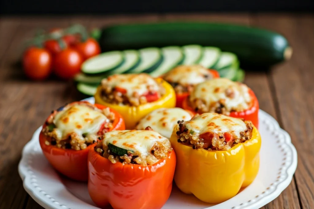 Stuffed bell peppers with quinoa and melted cheese on a platter.