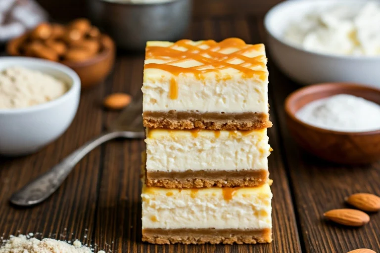 Sugar cookie cheesecake bars with visible layers on a rustic table