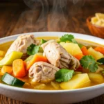 Bowl of caldo de pollo with chicken and vegetables on a wooden table.