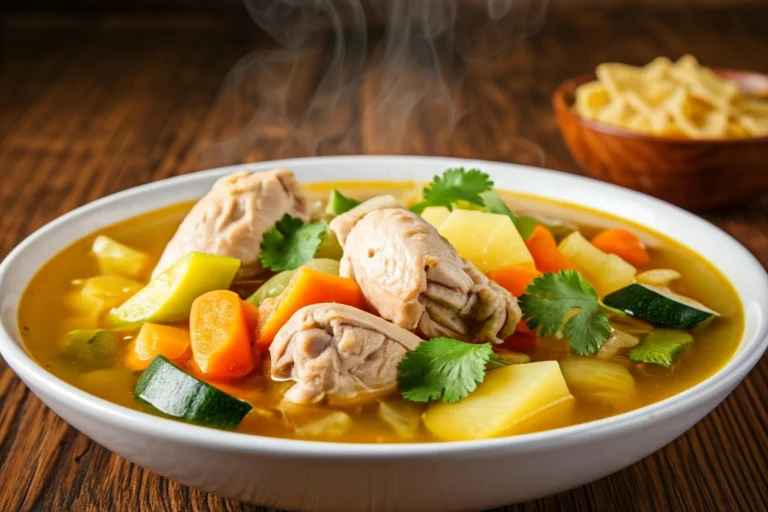 Bowl of caldo de pollo with chicken and vegetables on a wooden table.