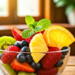 A colorful bowl of fruit salad with fresh fruits and mint garnish