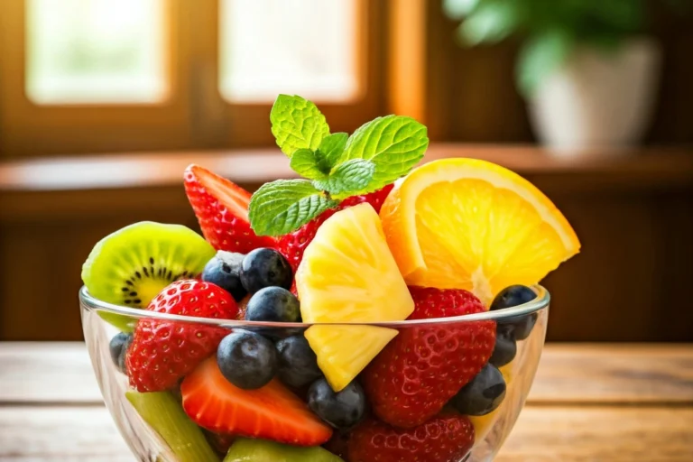 A colorful bowl of fruit salad with fresh fruits and mint garnish