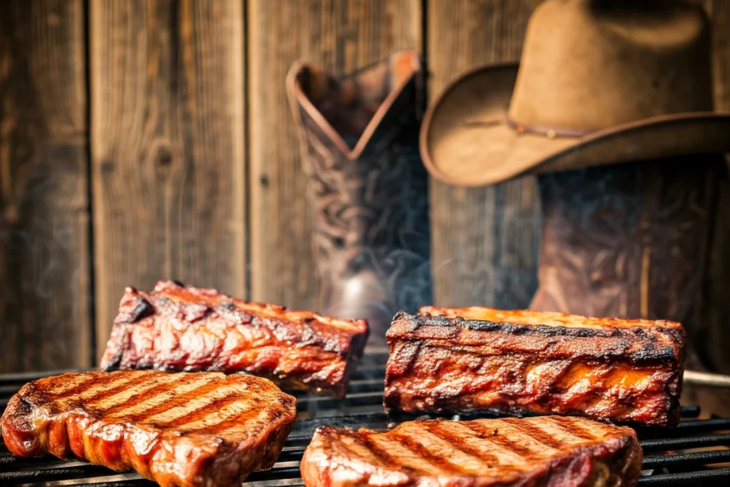 BBQ scene with steaks and ribs in a Western setting