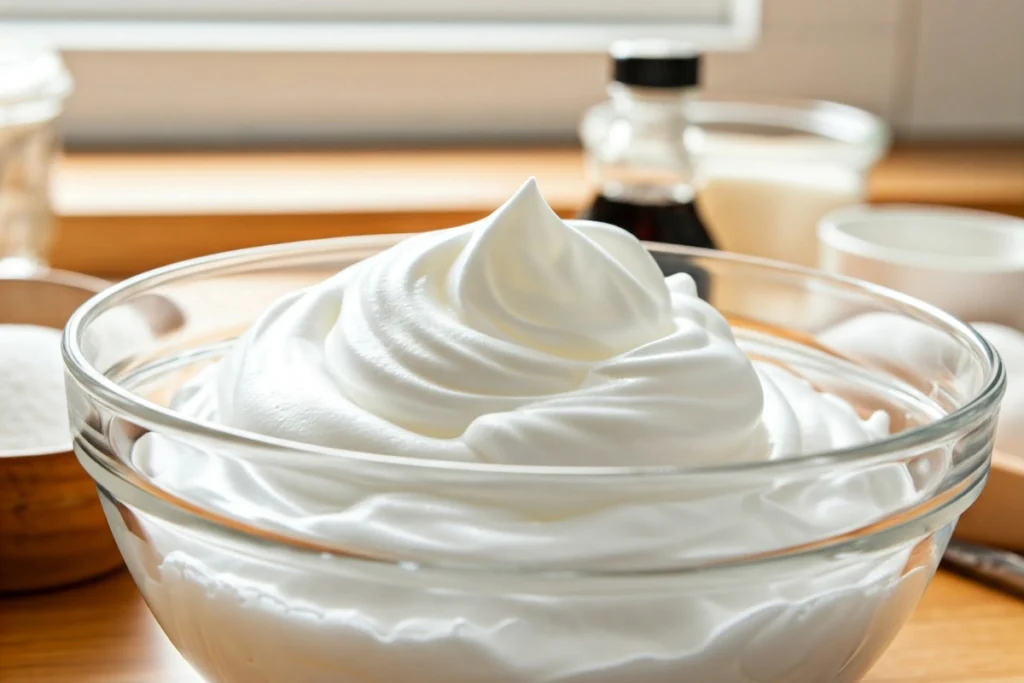 Whipped egg whites forming stiff peaks in a glass bowl.