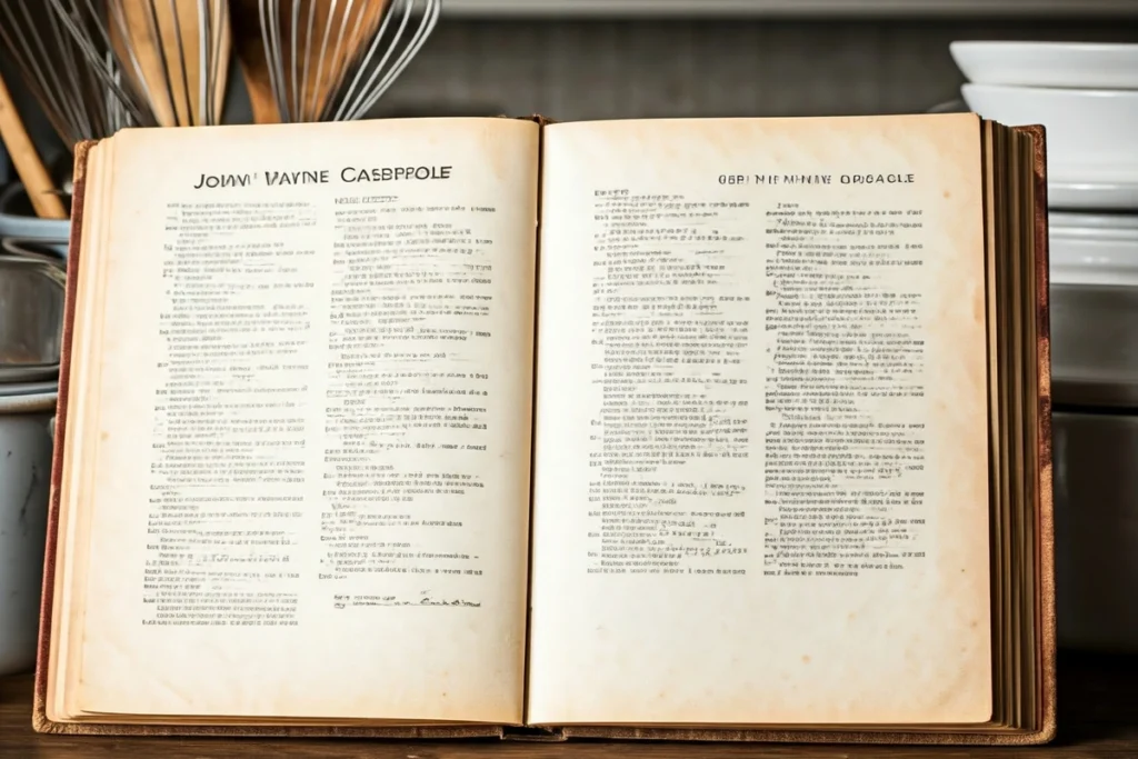A vintage cookbook showcasing the original John Wayne casserole recipe.