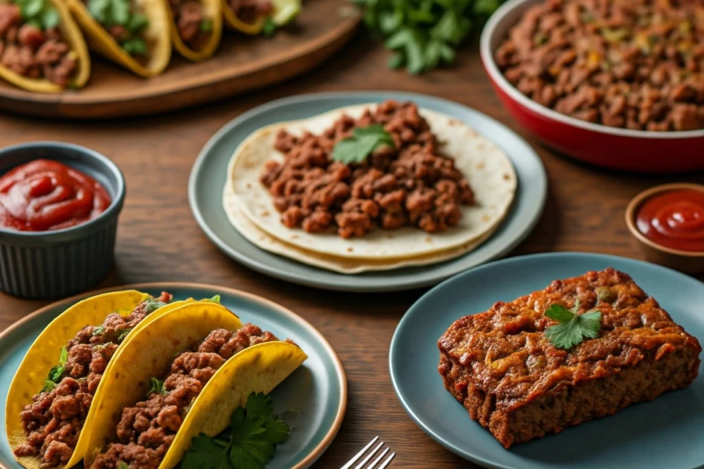 Assorted ground beef dishes displayed on a dinner table