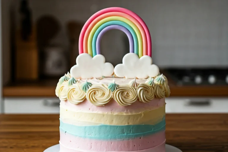 Cake with fondant clouds and a rainbow topper.