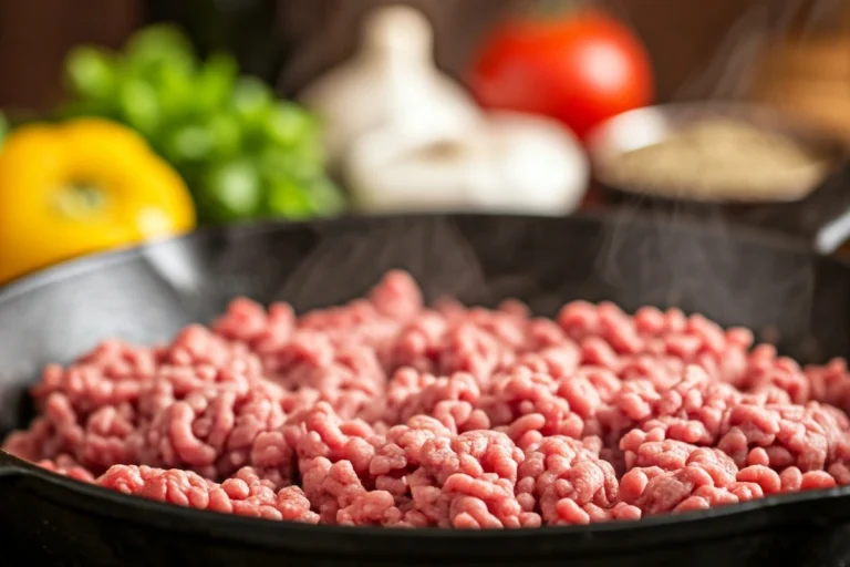 Close-up of ground beef cooking in a cast-iron skillet