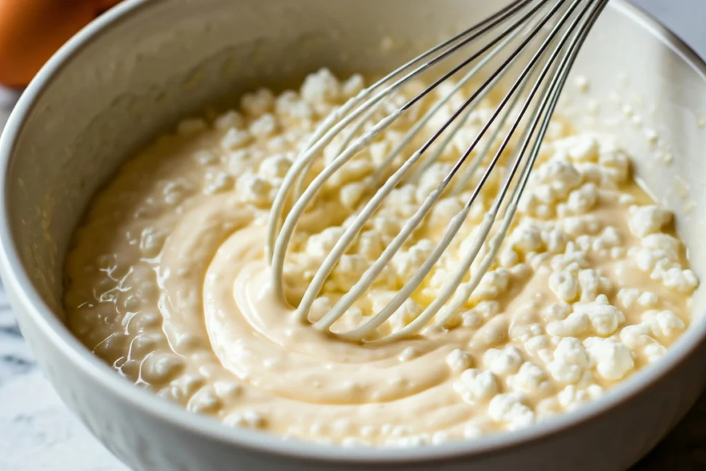 Mixing pancake batter with cottage cheese and eggs.