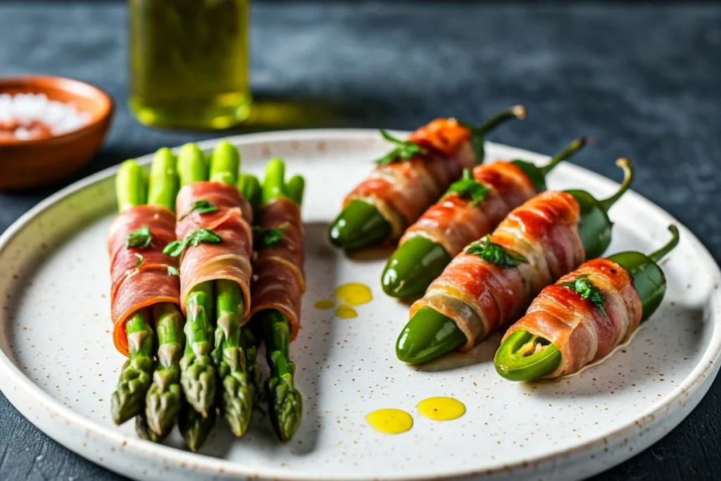 Plate featuring prosciutto-wrapped asparagus and bacon-wrapped jalapeños with olive oil drizzle.