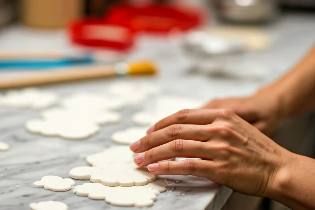 Shaping fondant clouds for cake decorations.