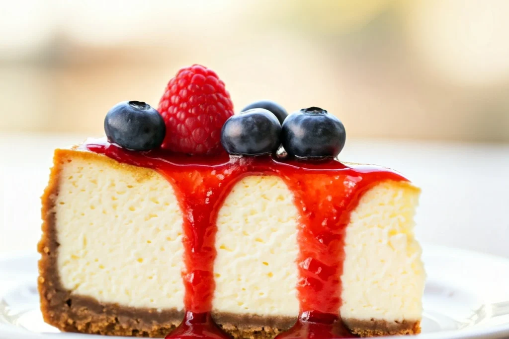 Slice of sugar cookie cheesecake with fresh berries