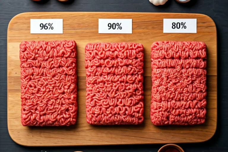 Three types of ground beef with labels for fat percentages and calories on a cutting board.