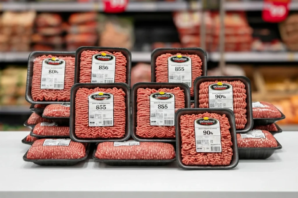 Various ground beef packs labeled with different fat percentages