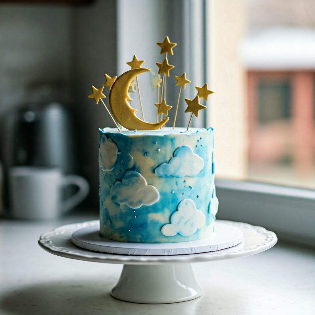 Whimsical cake with airbrushed clouds and a golden moon.