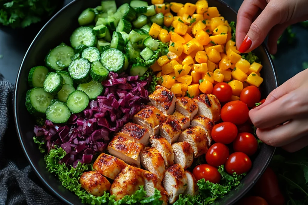 Hands assembling chicken salad