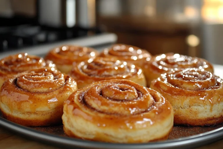 Freshly baked one-hour cinnamon rolls with cream cheese frosting in a cozy kitchen setting