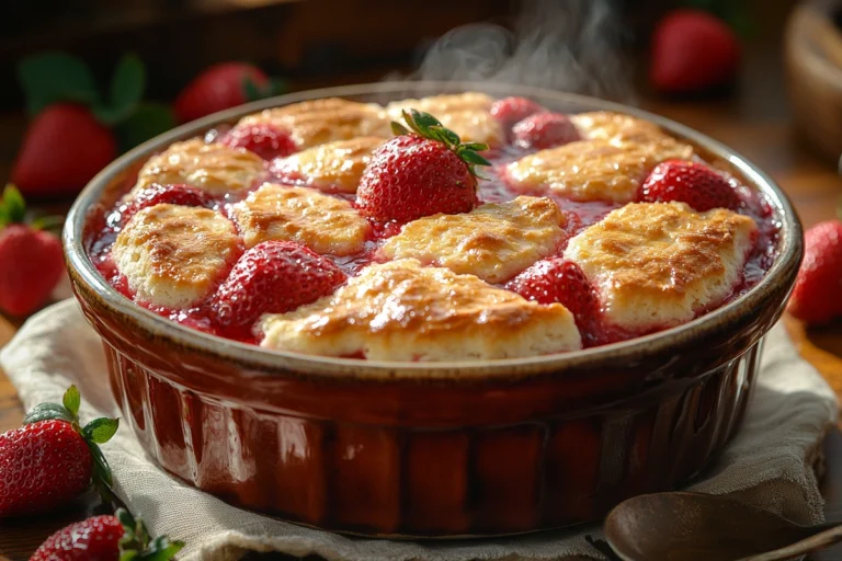 Golden-brown strawberry cobbler freshly baked in a dish