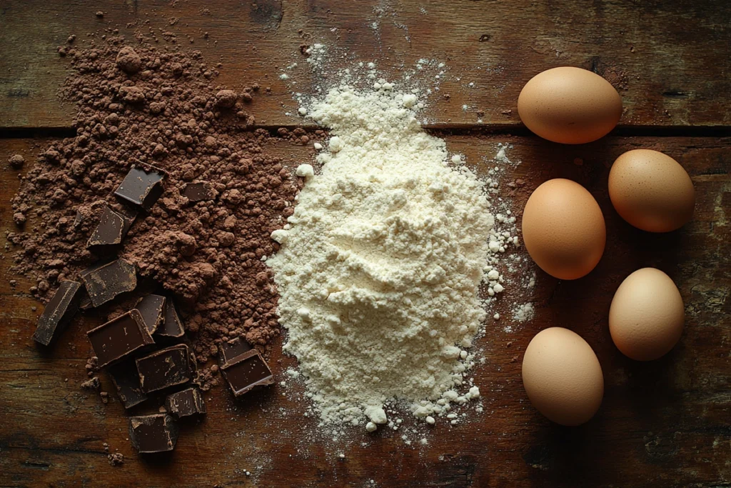 Essential chocolate cake ingredients laid out on a kitchen counter