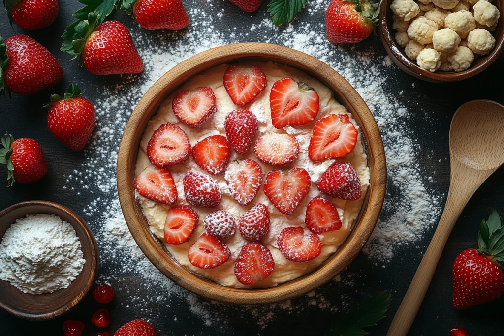 Preparing fresh strawberries and flour for Strawberry Cobbler