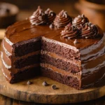 Moist chocolate cake sliced open on a rustic table