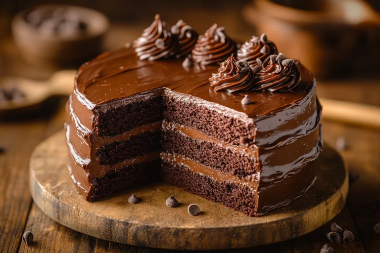 Moist chocolate cake sliced open on a rustic table