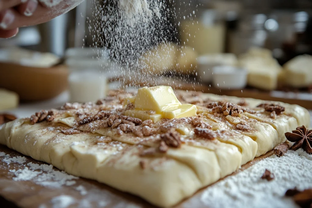 Rolling out cinnamon roll dough on a floured surface