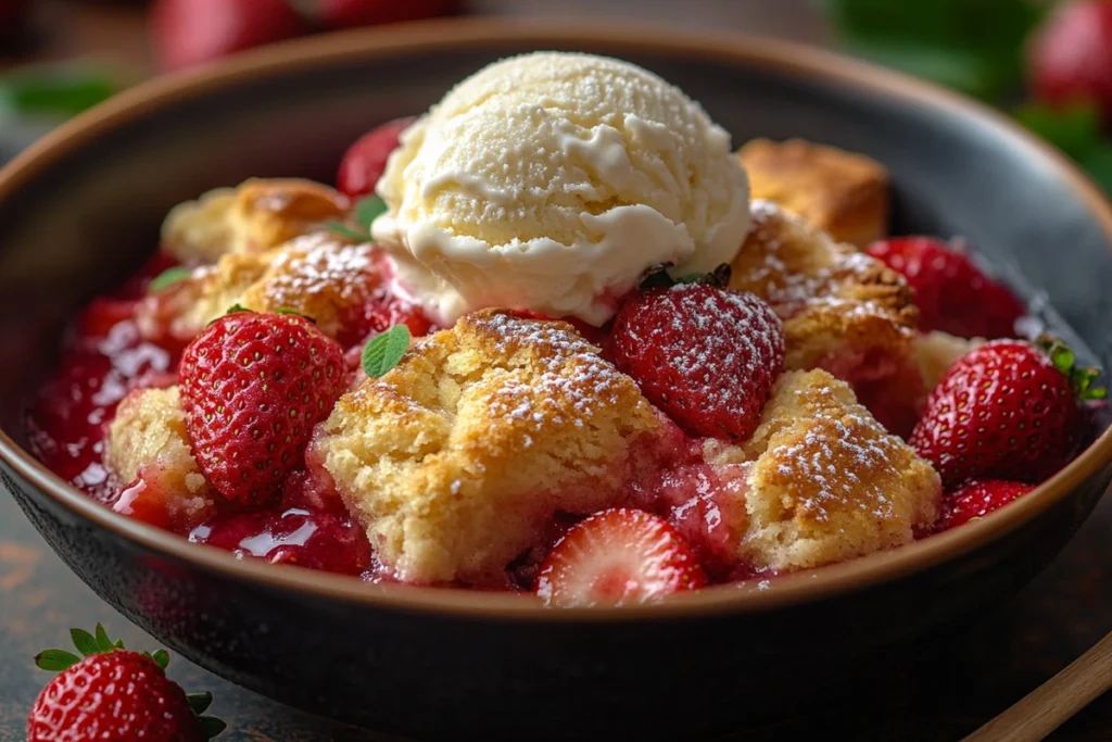 A bowl of strawberry cobbler topped with melting vanilla ice cream