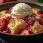 A bowl of strawberry cobbler topped with melting vanilla ice cream