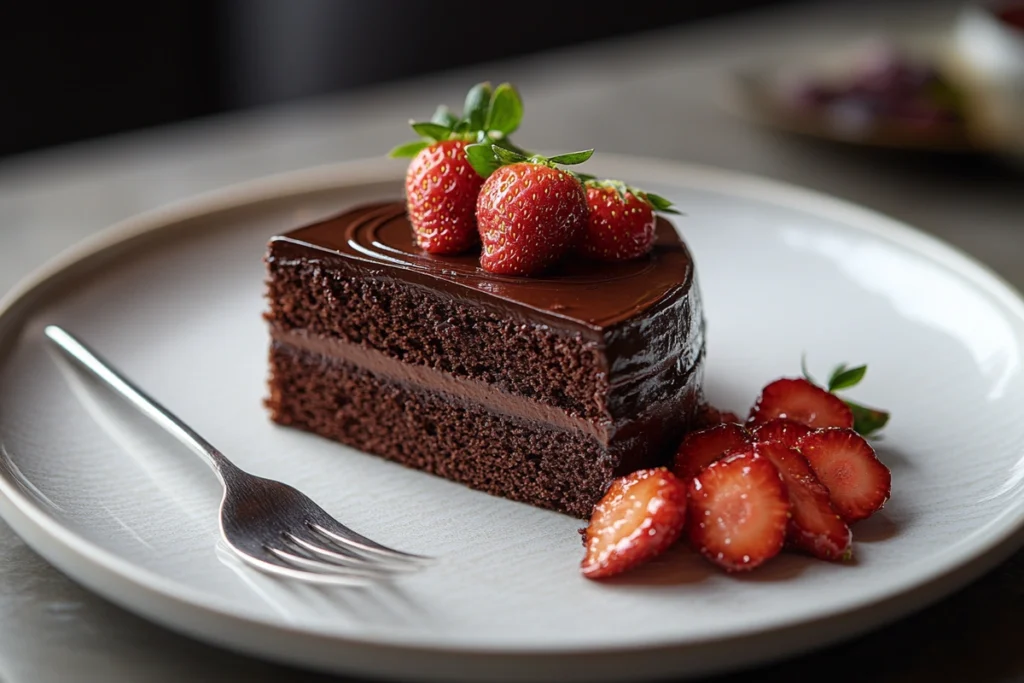 Slice of chocolate cake with ganache swirl on a white plate, garnished with fresh strawberries and a silver fork.