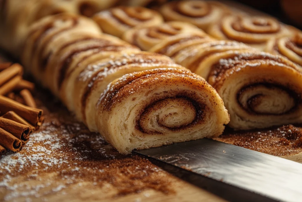 Slicing cinnamon roll dough into individual rolls