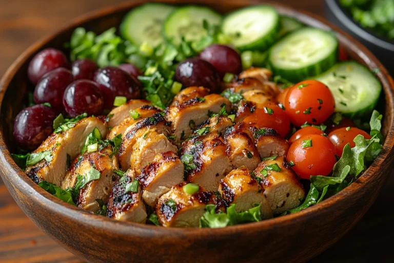 Beautiful chicken salad in a rustic bowl