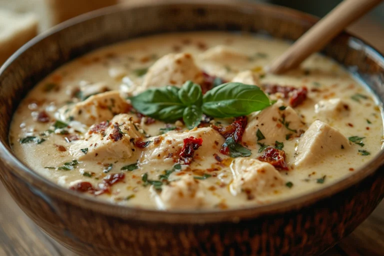 A bowl of Marry Me Chicken Soup with Parmesan and basil garnish.