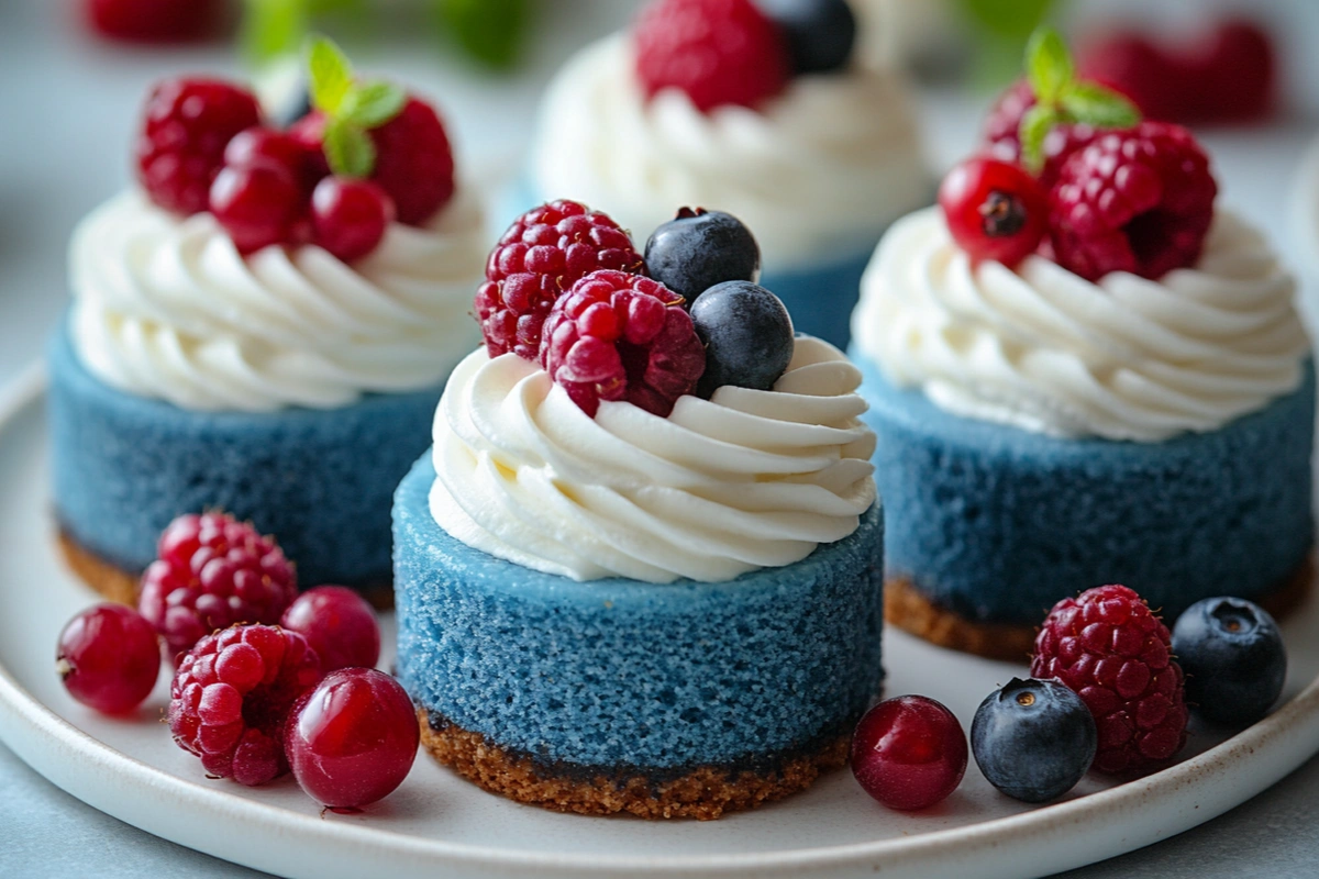 A platter of mini blue velvet cheesecakes with whipped cream and berries