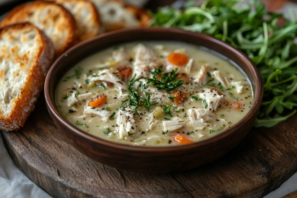 Marry Me Chicken Soup served with garlic bread and salad.