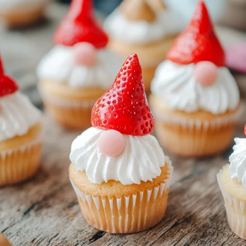 Cute Strawberry Gnome Cupcakes with red hats and frosting beards.