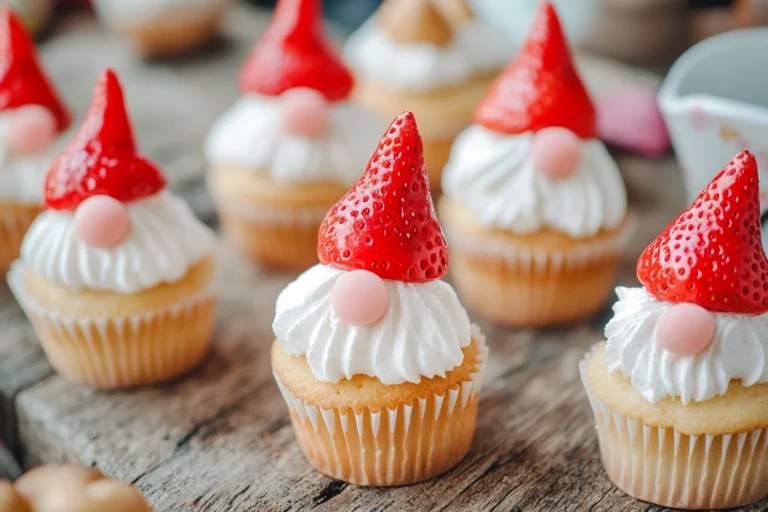 Cute Strawberry Gnome Cupcakes with red hats and frosting beards.