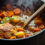 Simmering pot of chicken and vegetable stew