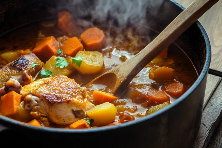 Simmering pot of chicken and vegetable stew