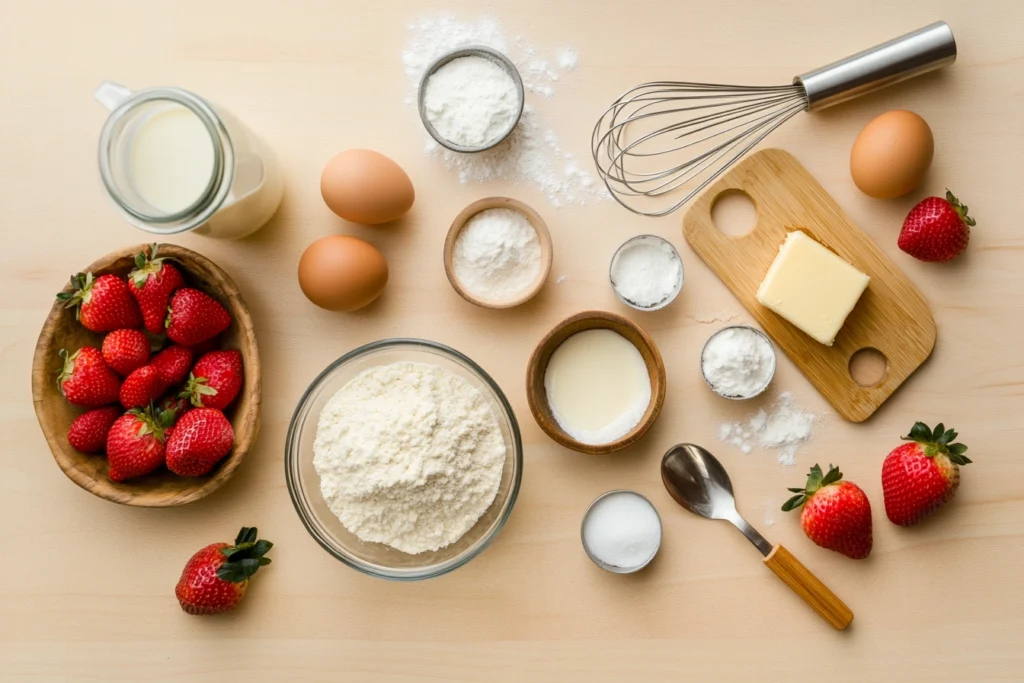 Ingredients for baking Strawberry Gnome Cupcakes laid out on a wooden counter.