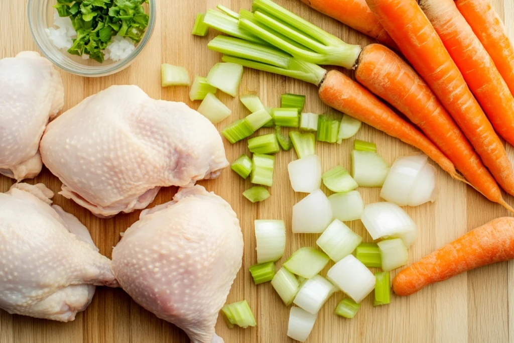 Raw chicken and chopped vegetables ready for stew
