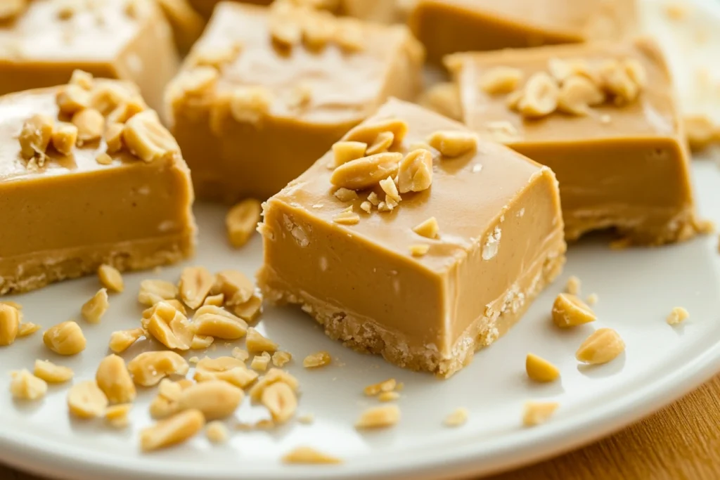 Sliced peanut butter squares on a dessert plate