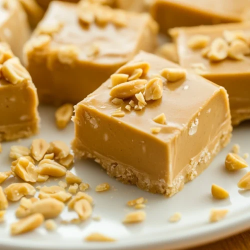 Sliced peanut butter squares on a dessert plate